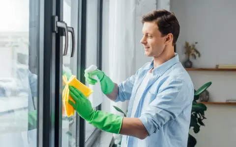 Mężczyzna w zielonych rękawiczkach czyści okna plastikowe, używając sprayu i żółtej ściereczki. Dbałość o detale to klucz do konserwacji okien.