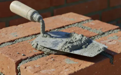 Kielnia z zaprawą na cegłach. Różne rodzaje kielni pomagają w precyzyjnym murowaniu.