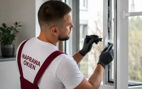 Fachowiec z latarką sprawdza mechanizm, bo okno nie chce się zamknąć. Naprawa okien to jego specjalność.