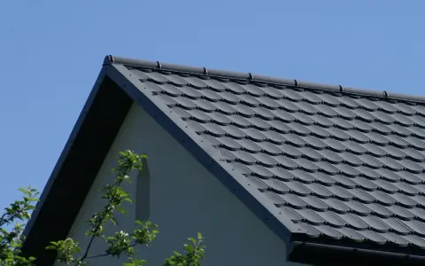 Szary dach z blachy, idealny do obliczeń, jak obliczyć blachę na dach. Widać fragment ściany i gałęzie drzew.