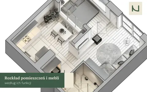 Rozkład mieszkania z kuchnią, jadalnią, sypialnią i salonem, zgodny z zasadami feng shui.