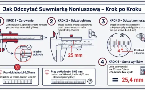 Instrukcja jak czytać suwmiarkę noniuszową krok po kroku: zerowanie, odczyt główny, odczyt noniusza i suma wyników.