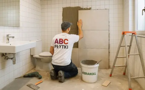 Fachowiec pokazuje, jak układać płytki 60x60 na podłodze w łazience. Widać narzędzia i materiały budowlane.