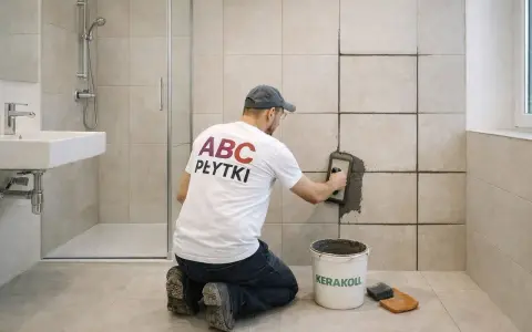 Mężczyzna w koszulce "ABC PŁYTKI" klęczy i fuguje ściany w łazience. Obok wiadro z zaprawą i gąbka.