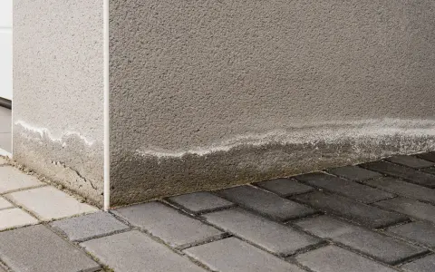 Ślady wilgoci na ścianie budynku, widoczne białe wykwity świadczą o kapilarnym podciąganiu wody z gruntu.