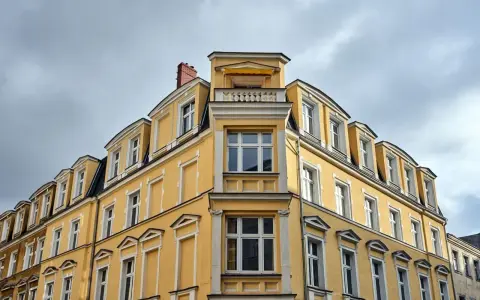 Żółta kamienica z zabytkowymi detalami, gdzie właśnie trwa wymiana okien w budynku wpisanym do gminnej ewidencji zabytków.