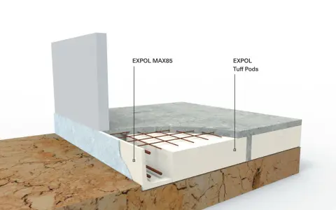 Przekrój posadzki garażowej z EXPOL MAX85 i EXPOL Tuff Pods. Solidny beton na posadzkę w garażu to podstawa.