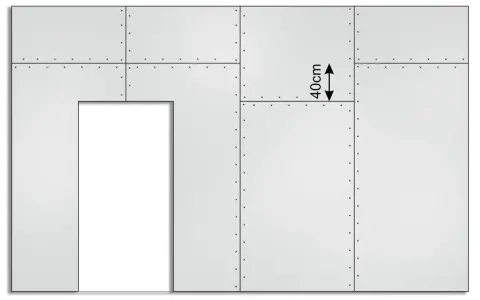 Schemat ściany z podwójnym płytowaniem gk, z zaznaczonym otworem drzwiowym i wymiarem 40cm.