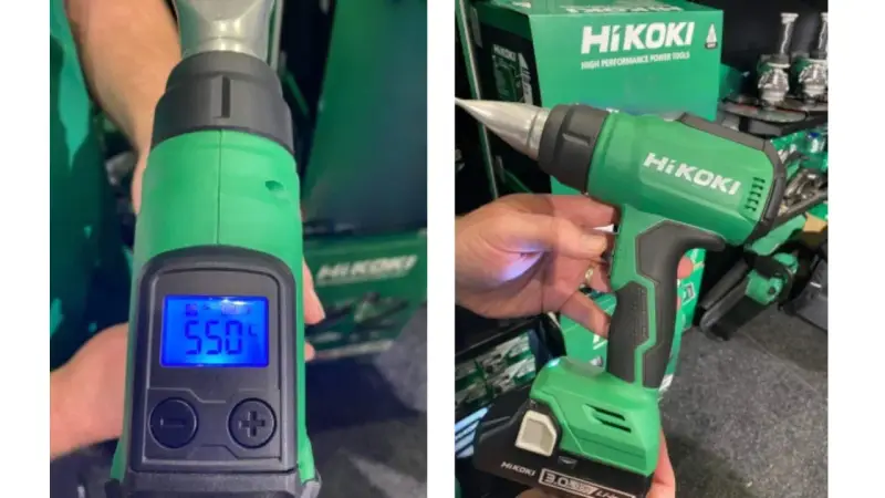 Dwie opalarki Hikoki, jedna z wyświetlaczem 550°C. Hikoki to firma produkująca narzędzia.